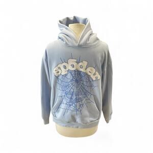 Rhinestone Sp5der Men's Pullover Hoodie Size Small Baby Blue Front Pouch